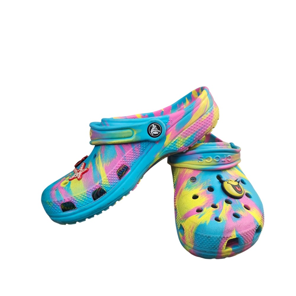 Crocs Classic Clogs Tie Dye Multi Color Swirl J3 Juniors Size 3 with Charms
